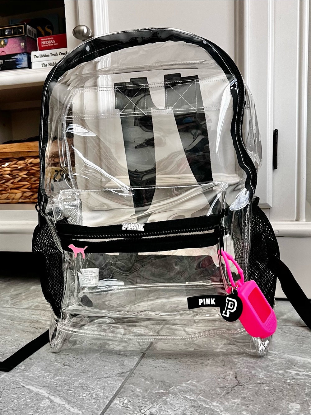 PINK Victoria’s Secret Clear Backpack NWOT w/ Logo Pins & Sanitizer Holder Rare